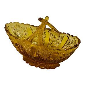 Vintage Daisy & Button Small Glass Twig Handle Basket Amber Fenton